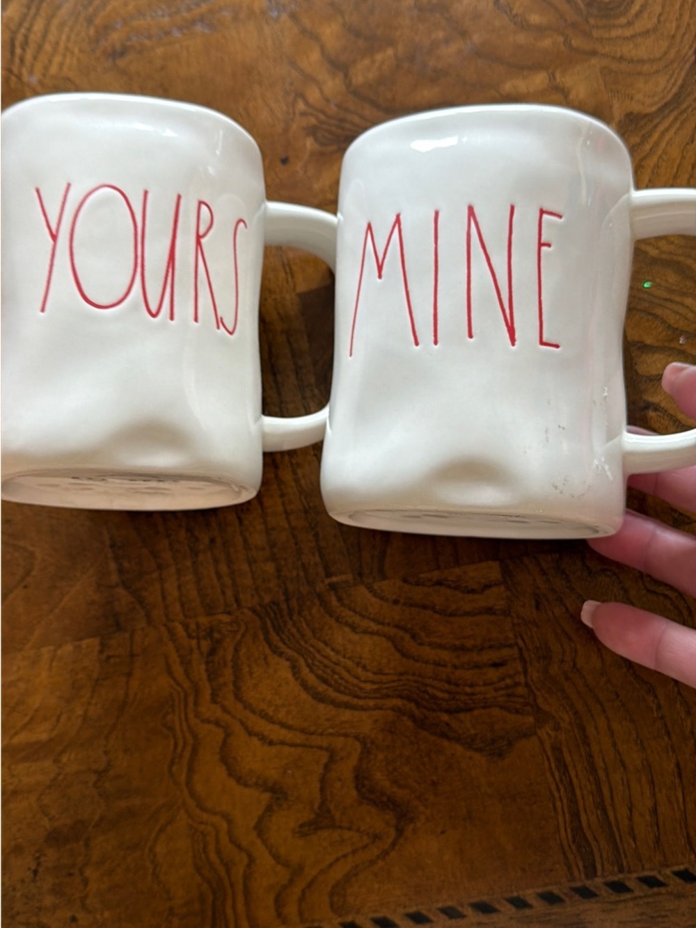 Rae Dunn White Mugs with Red 'YOURS' and 'MINE' Lettering